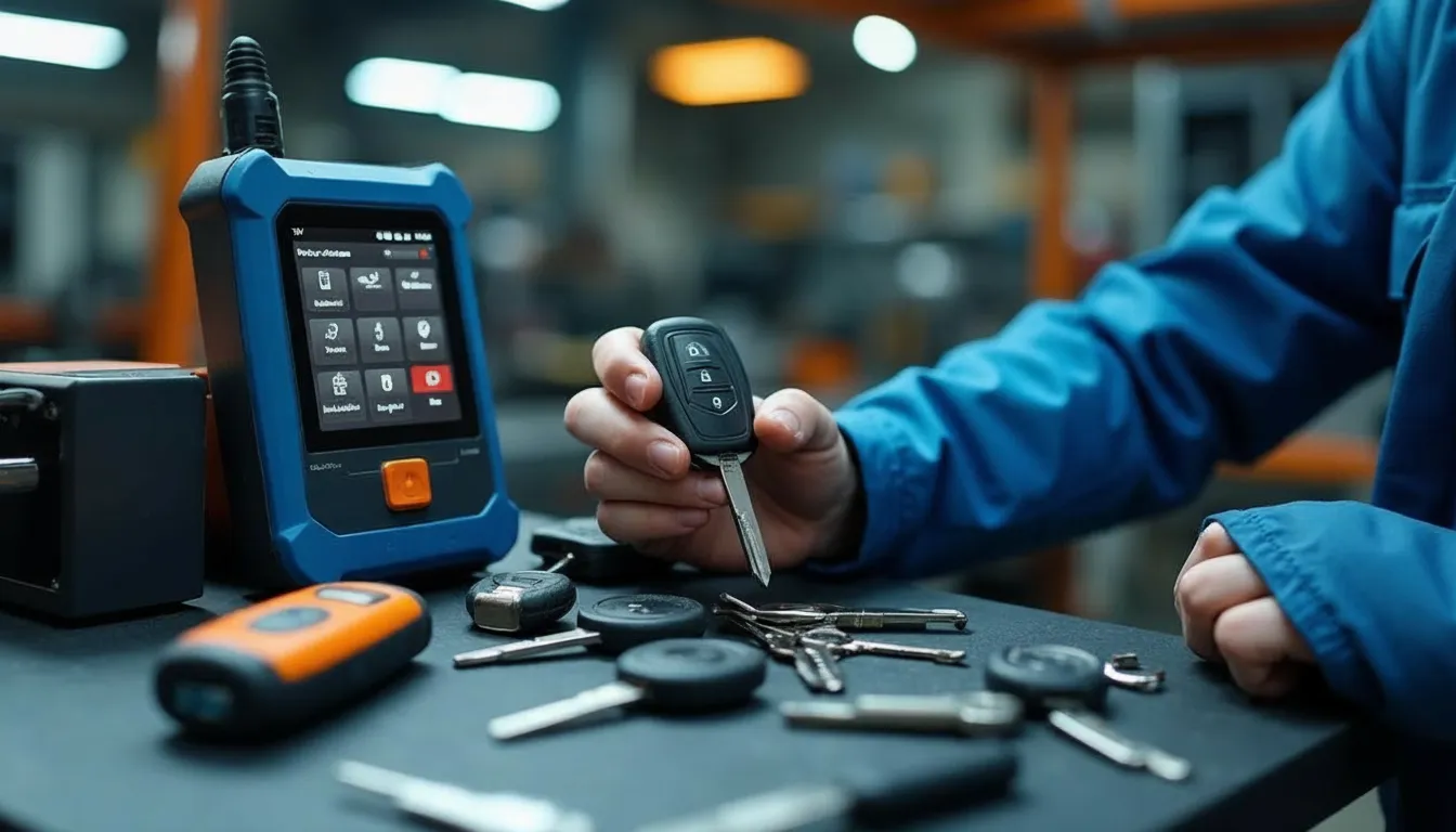 Technicien programmant une clé de voiture avec un outil de diagnostic professionnel dans un atelier automobile